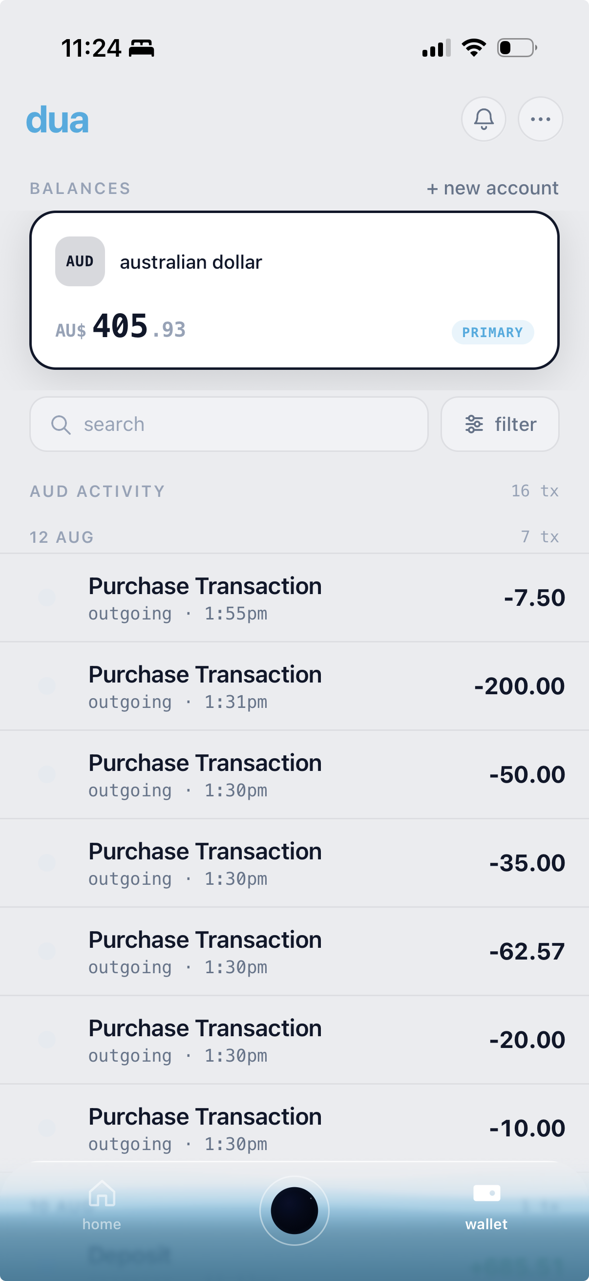Dua wallet balances and activity